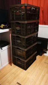 All the spare consoles and gear crated up
